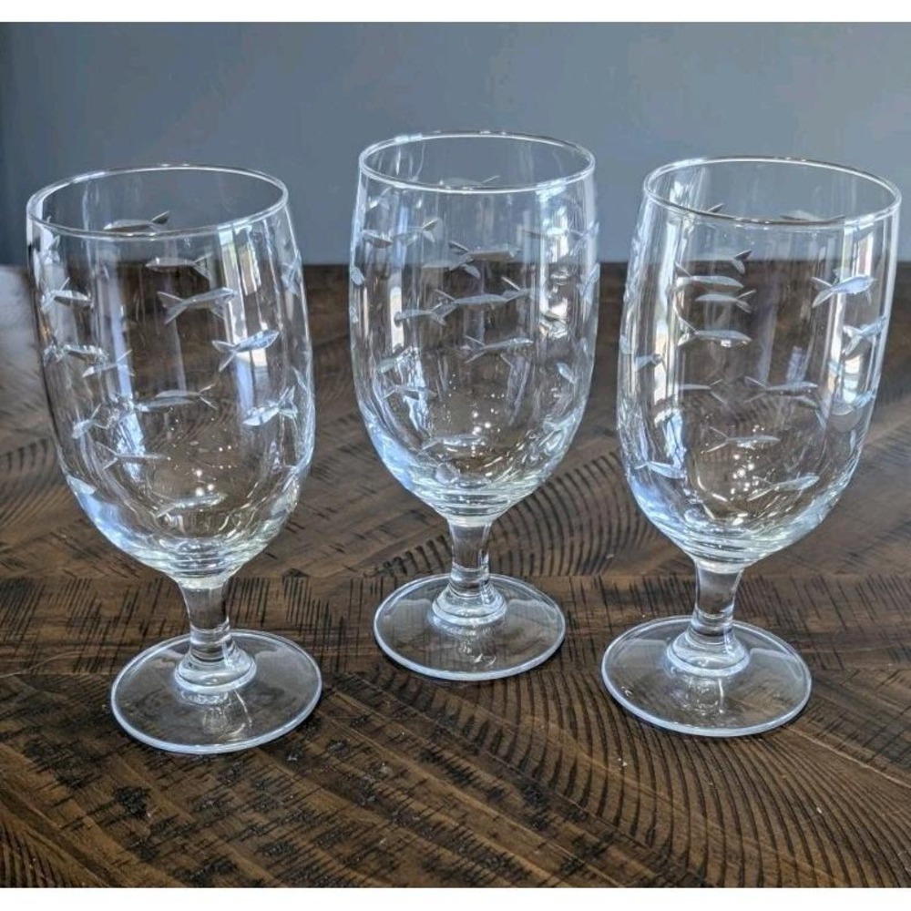 Rolf Glass School Of Fish  7" Iced Tea Stemmed Glasses 16 oz Set of 3